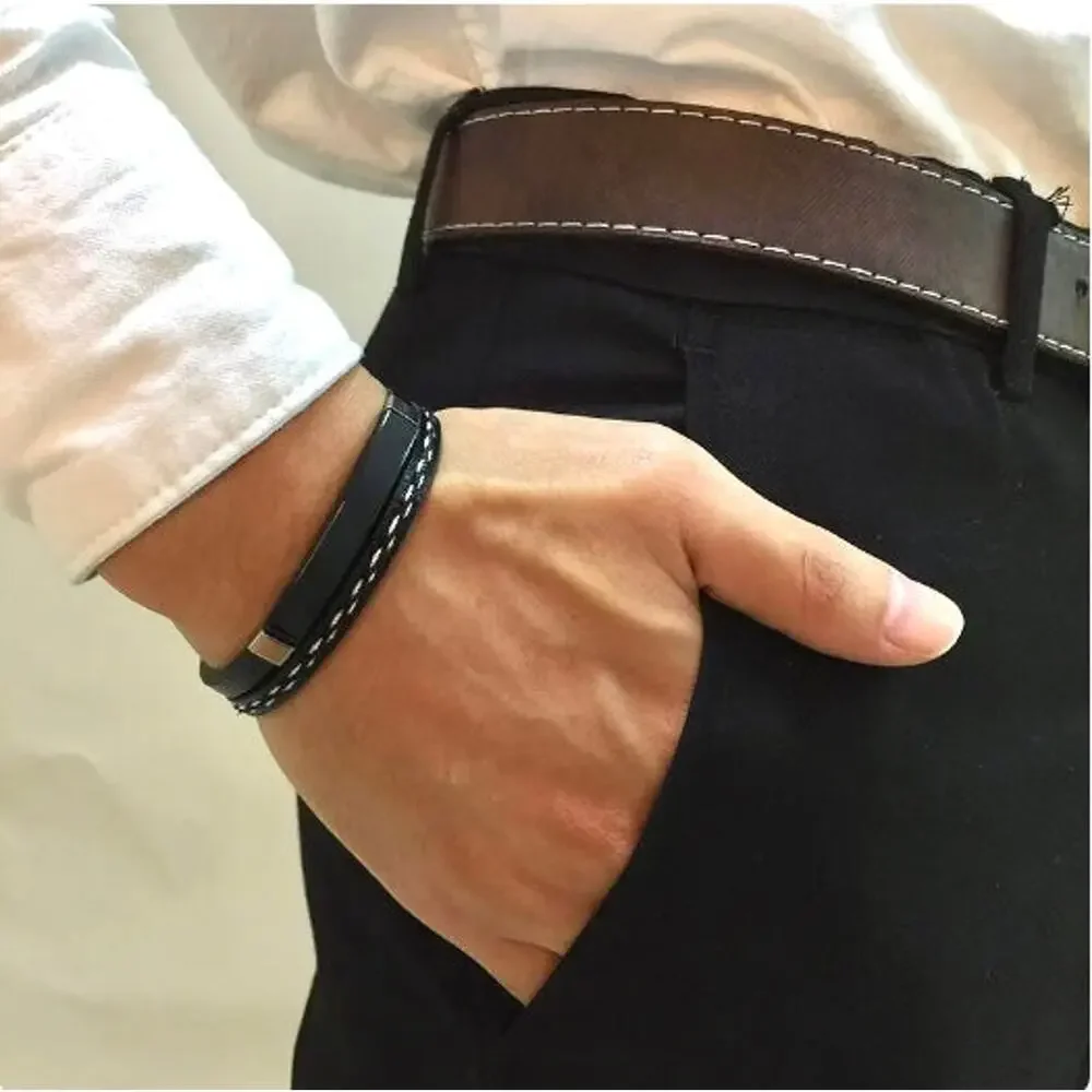 Men’s Black Leather Double-Layer Bracelet